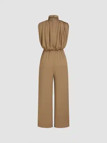 High Neck Solid Zipper Ruched Jumpsuit