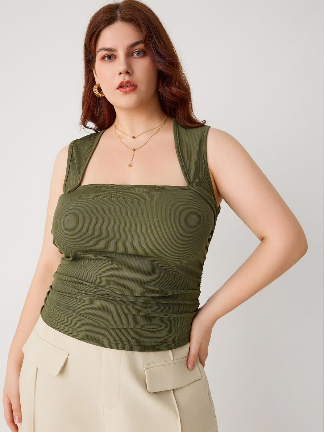  Gerafftes Quadratisches Hals Tank Top Kurve & Plus