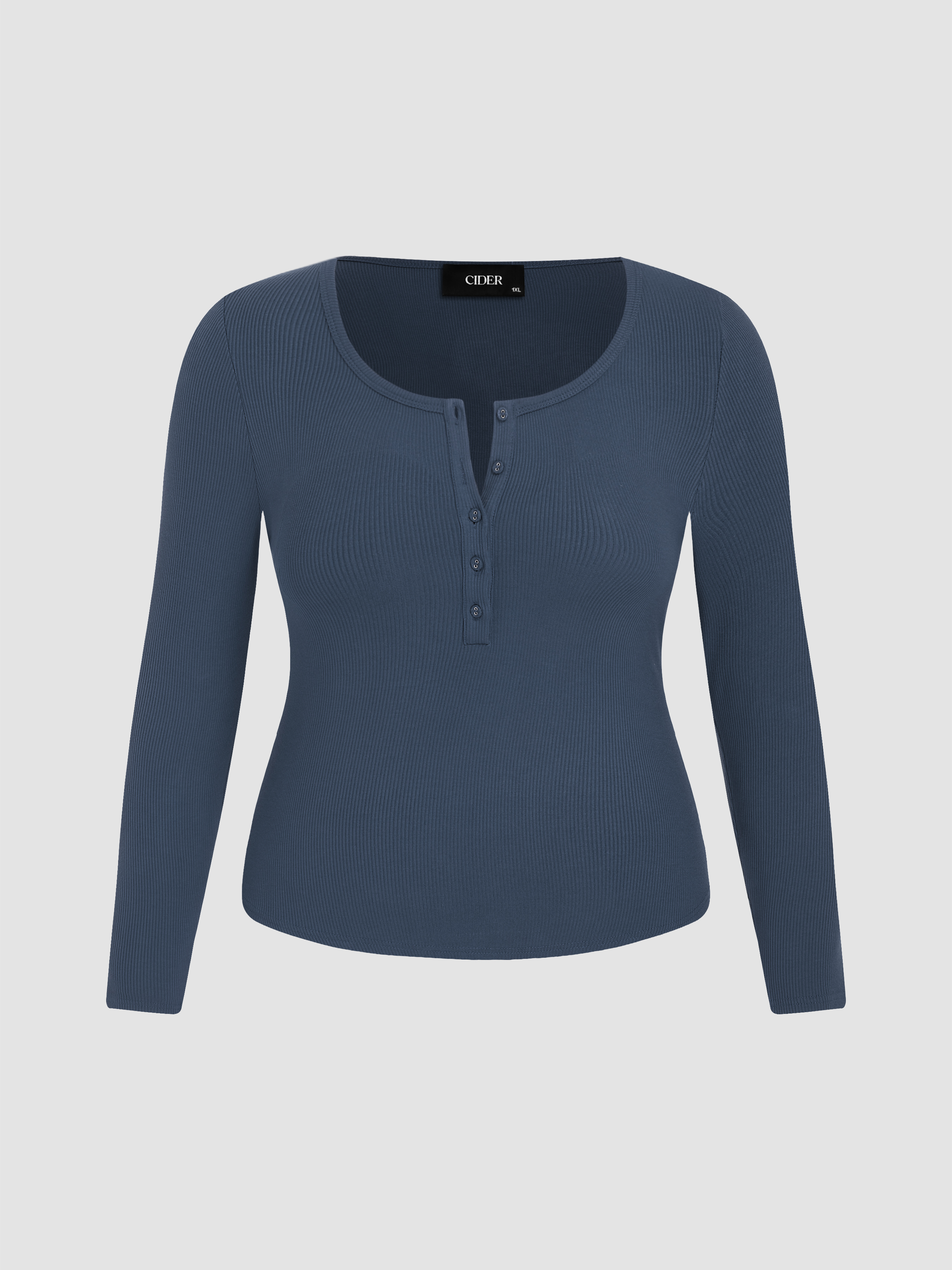 Knit Fabric Solid Rib V-neck Long Sleeve Tee Curve & Plus