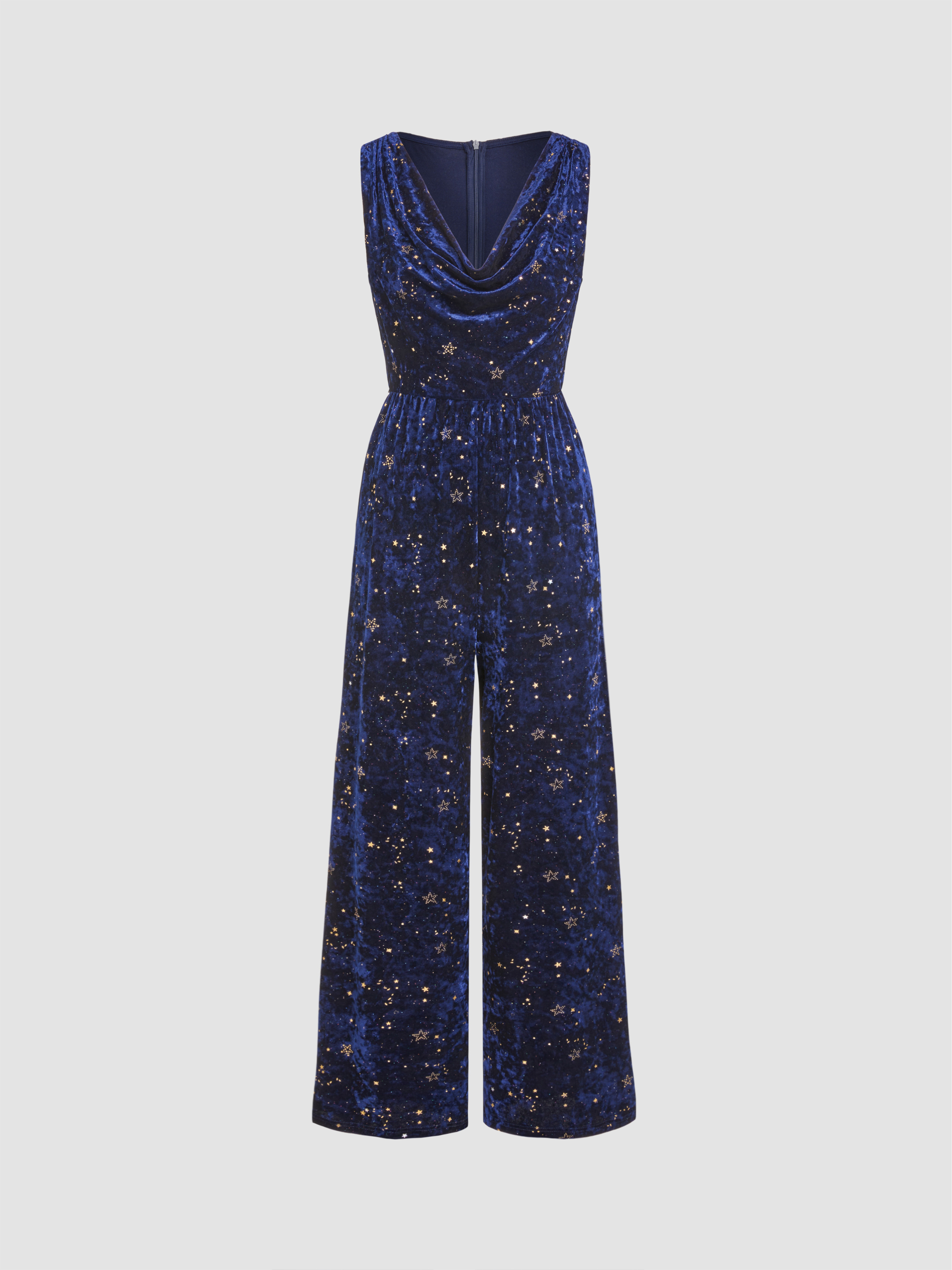 Velvet Cowl Neck Star Pattern Jumpsuit For Outdoor