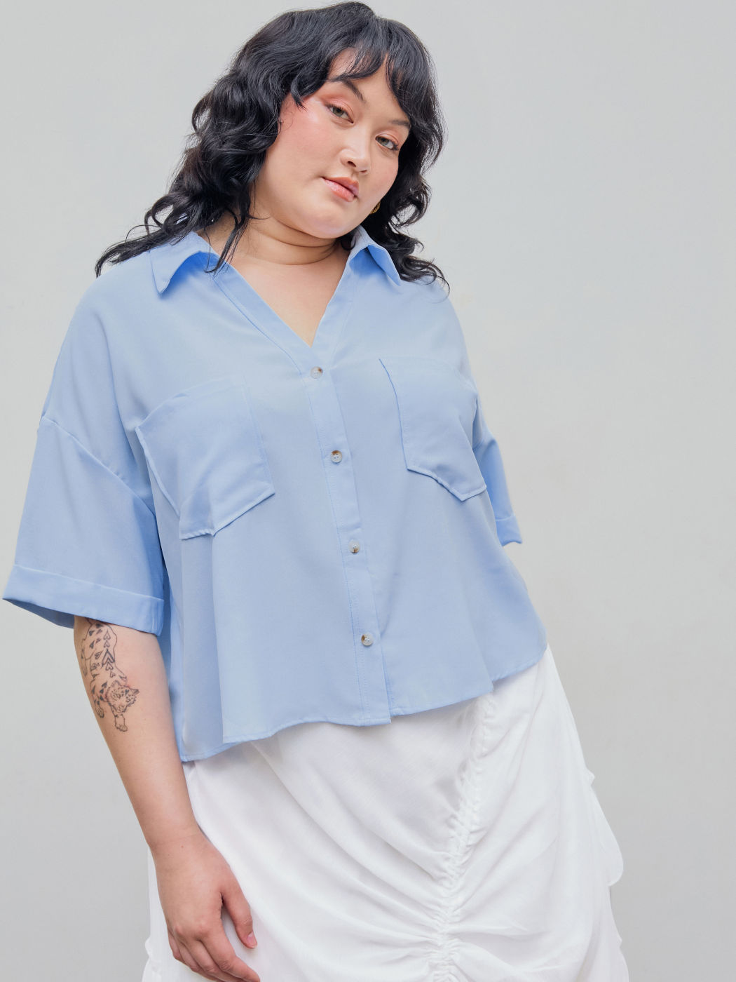 Collar Pocket Short Sleeve Blouse Curve & Plus