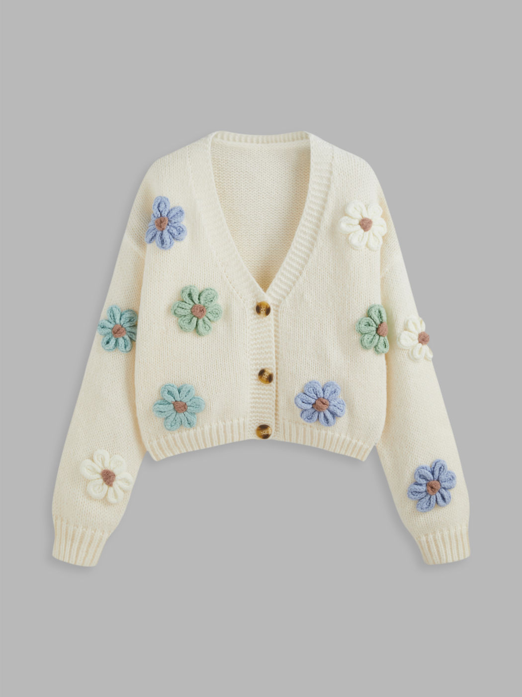 V-Ausschnitt Knopf Blumen-Strickjacke