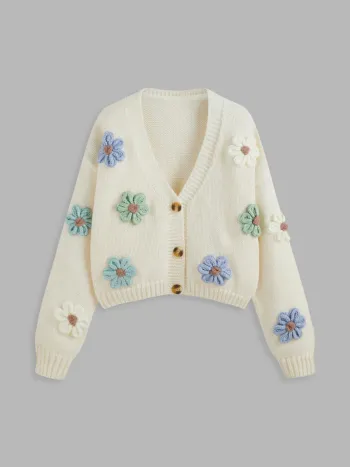 V-Ausschnitt Knopf Blumen Strickjacke