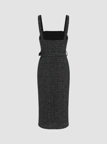  Tweed Quadratischer Ausschnitt Solid Knopf Midikleid