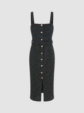  Tweed Quadratischer Ausschnitt Solid Knopf Midikleid