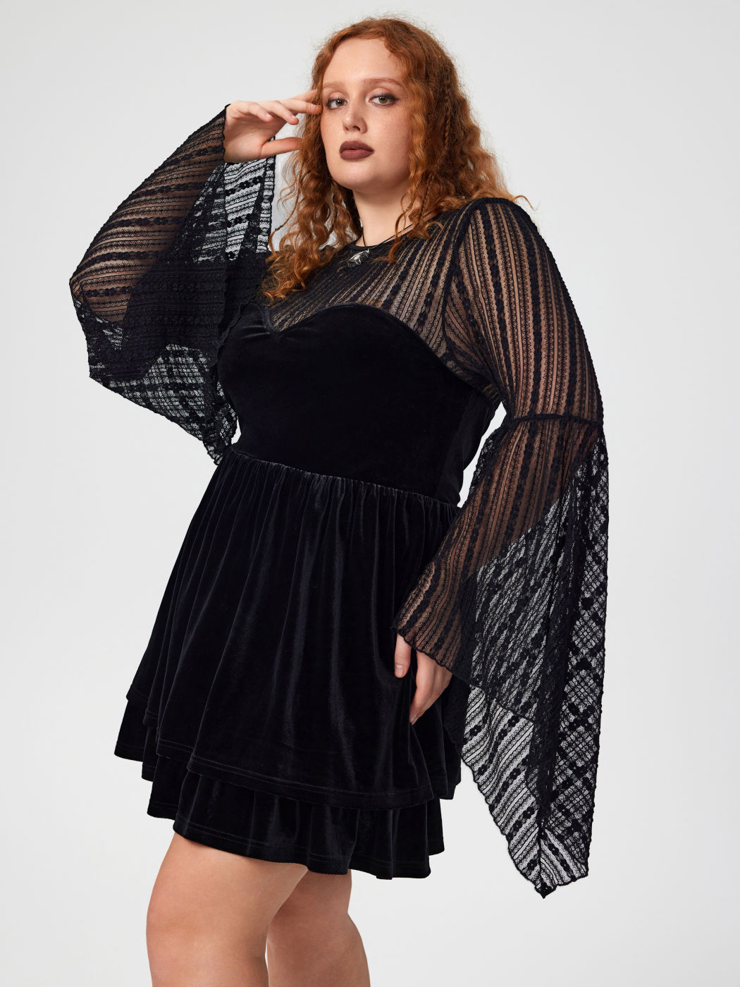 Velvet Round Neckline Lace Mini Dress Curve & Plus