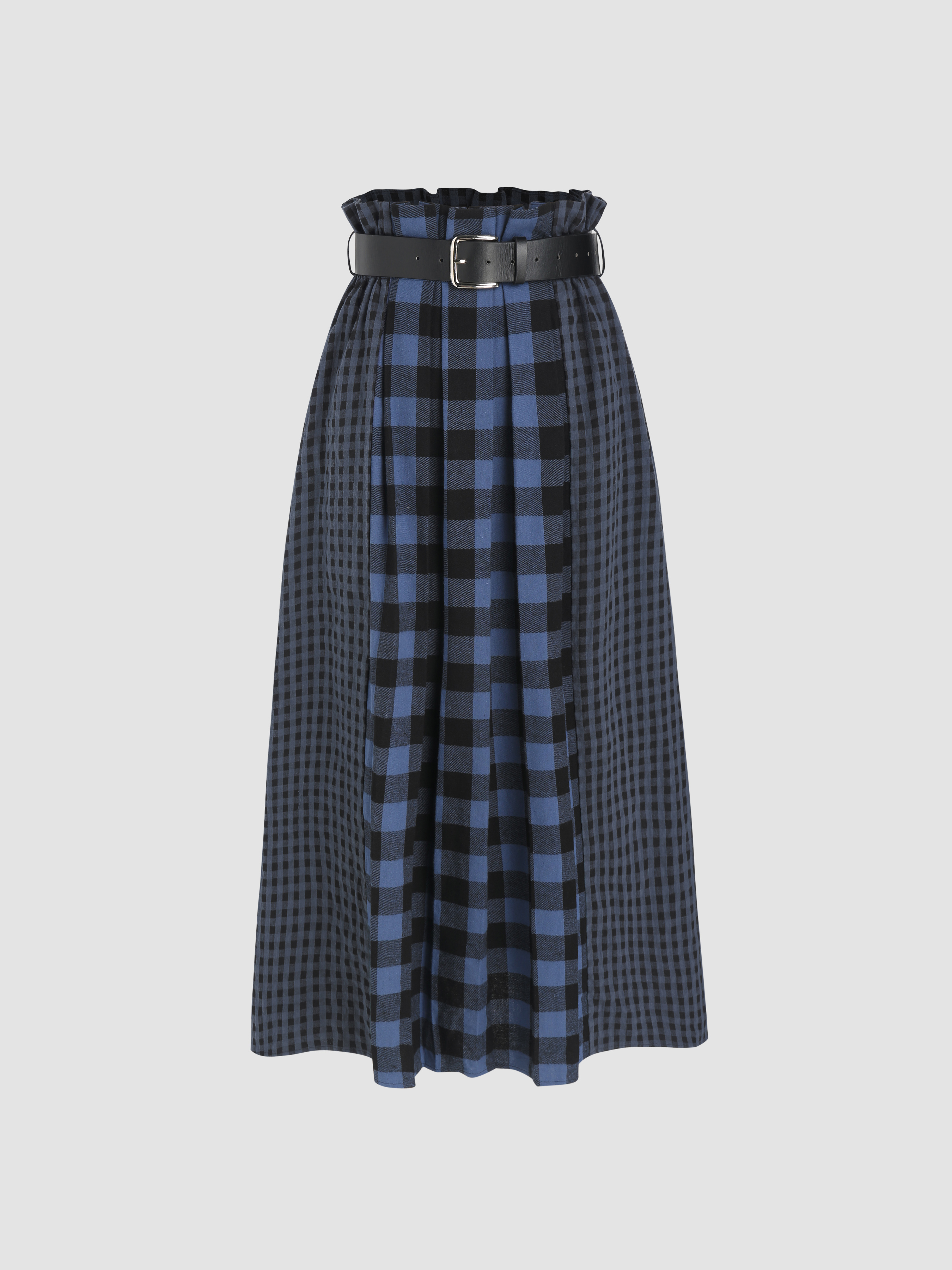 High Waist Plaid Patchy Belted Maxi Skirt For