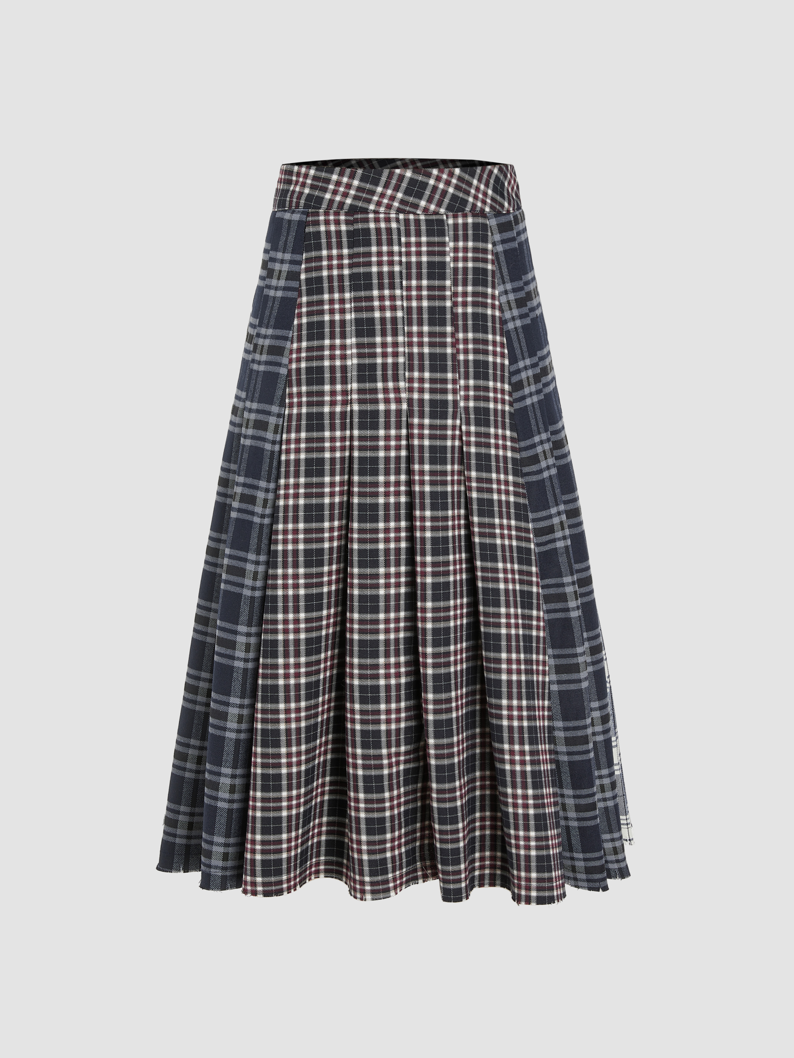 Mid Waist Check Patchy Pleated Maxi Skirt - Cider