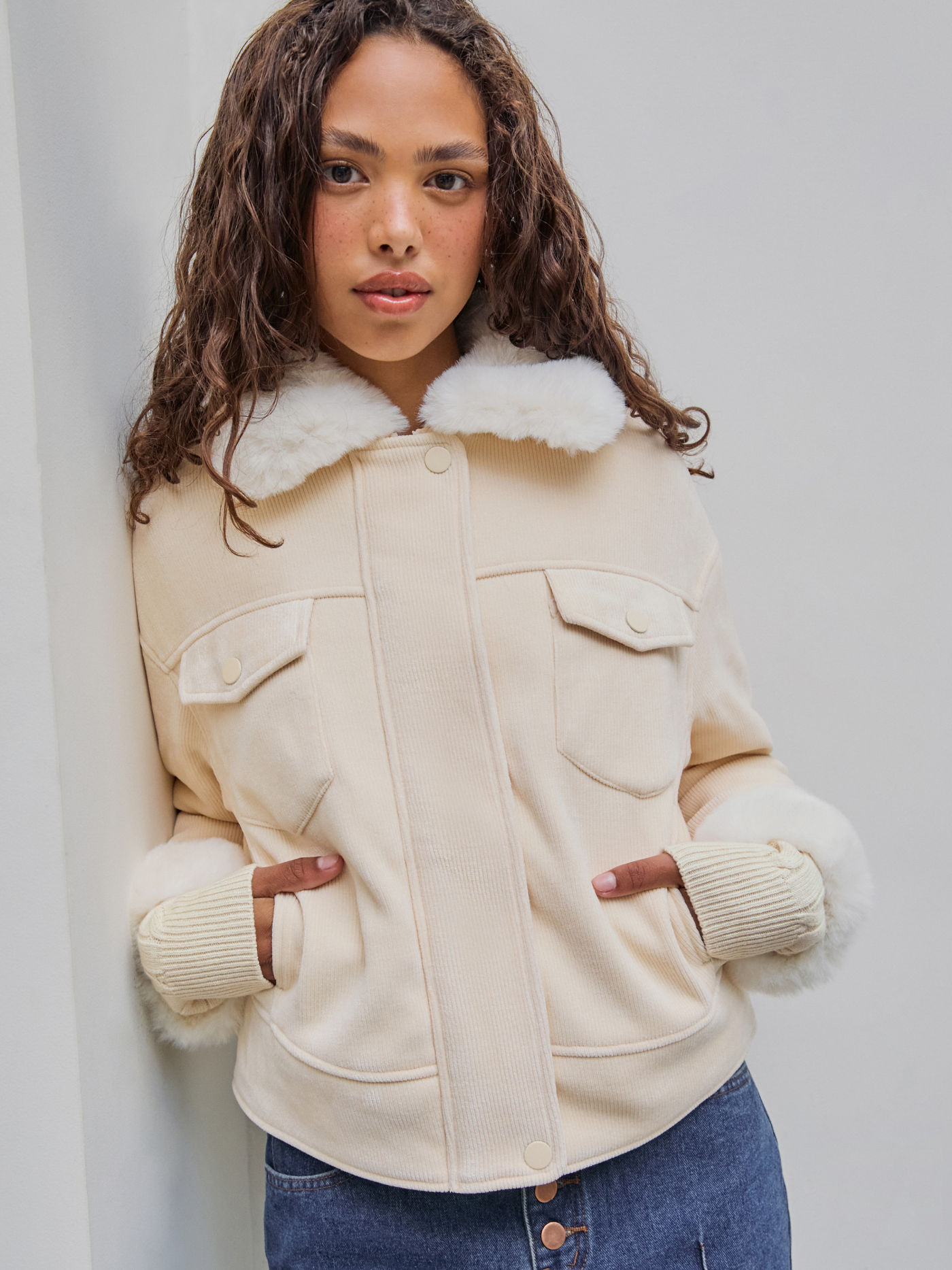 Corduroy Collar Solid Pocket Jacket