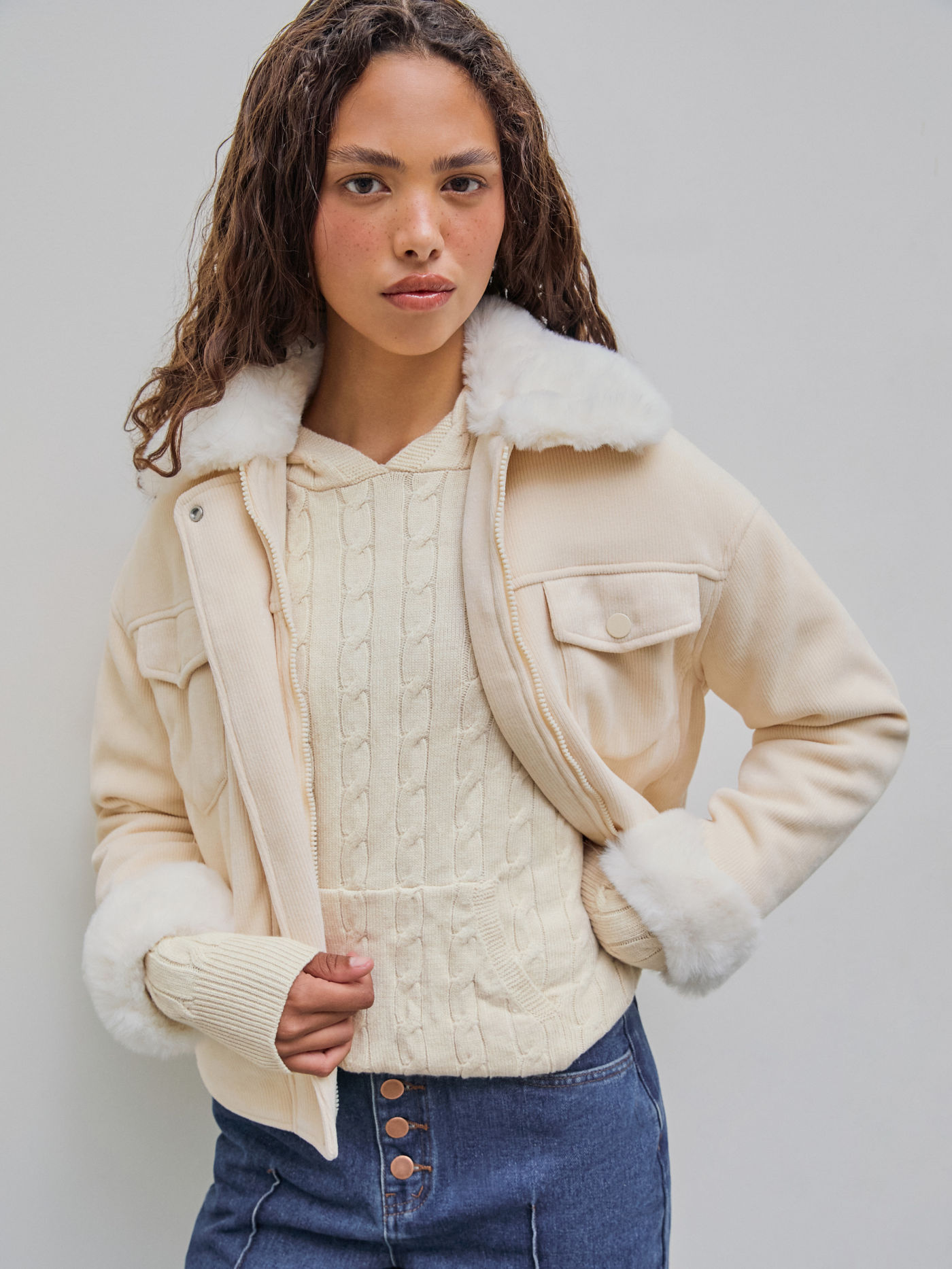 Corduroy Collar Solid Pocket Jacket