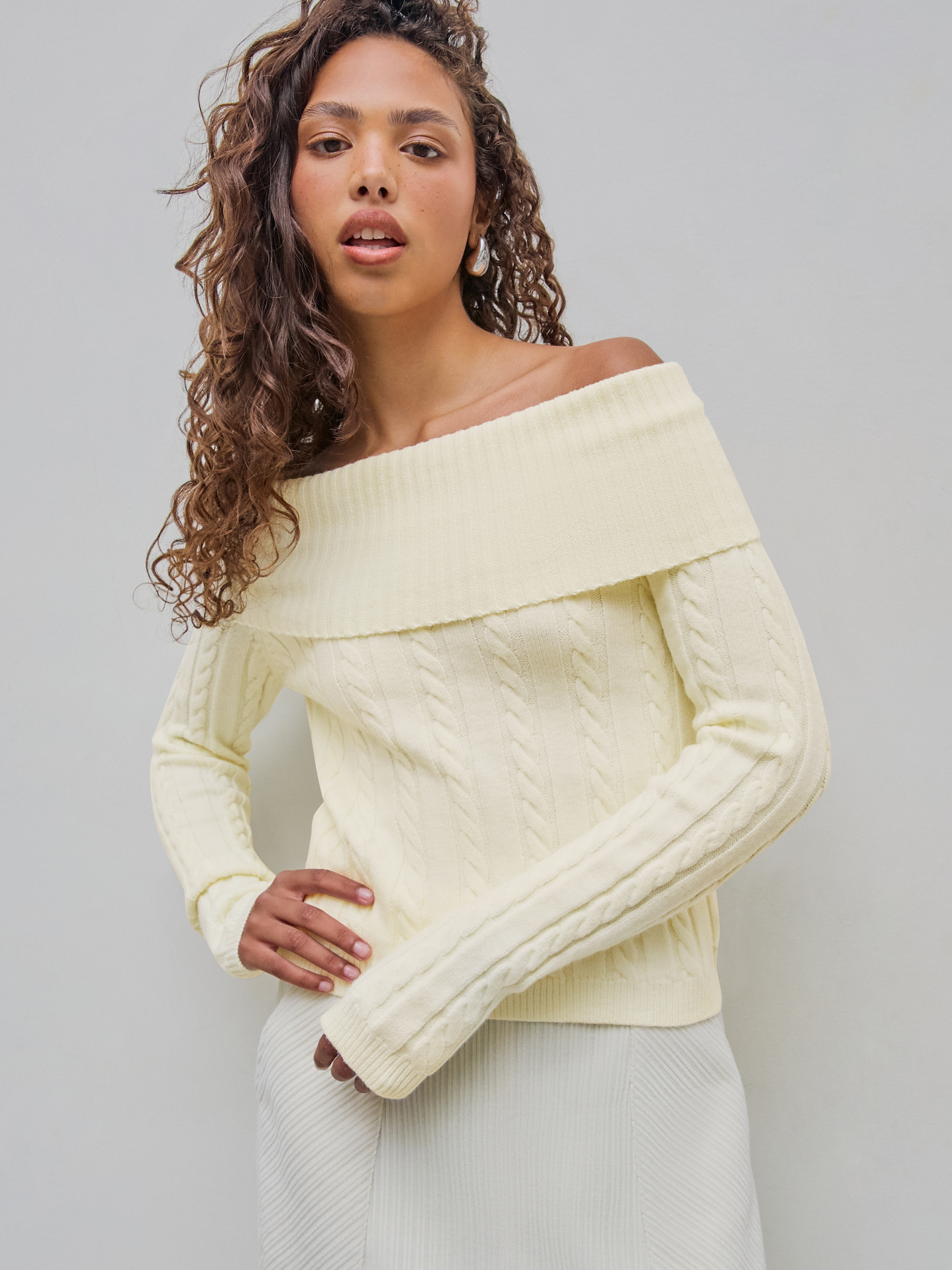 Off shoulder white knit sweater best sale