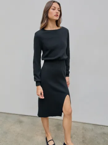  Rundhals Einfarbig Gerafftes Strick Midikleid