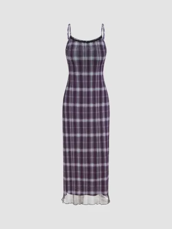  Mesh Rundhalsausschnitt Karo Rückenfreies Maxikleid
