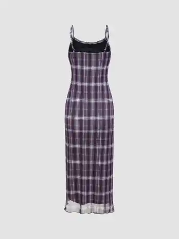  Mesh Rundhalsausschnitt Karo Rückenfreies Maxikleid