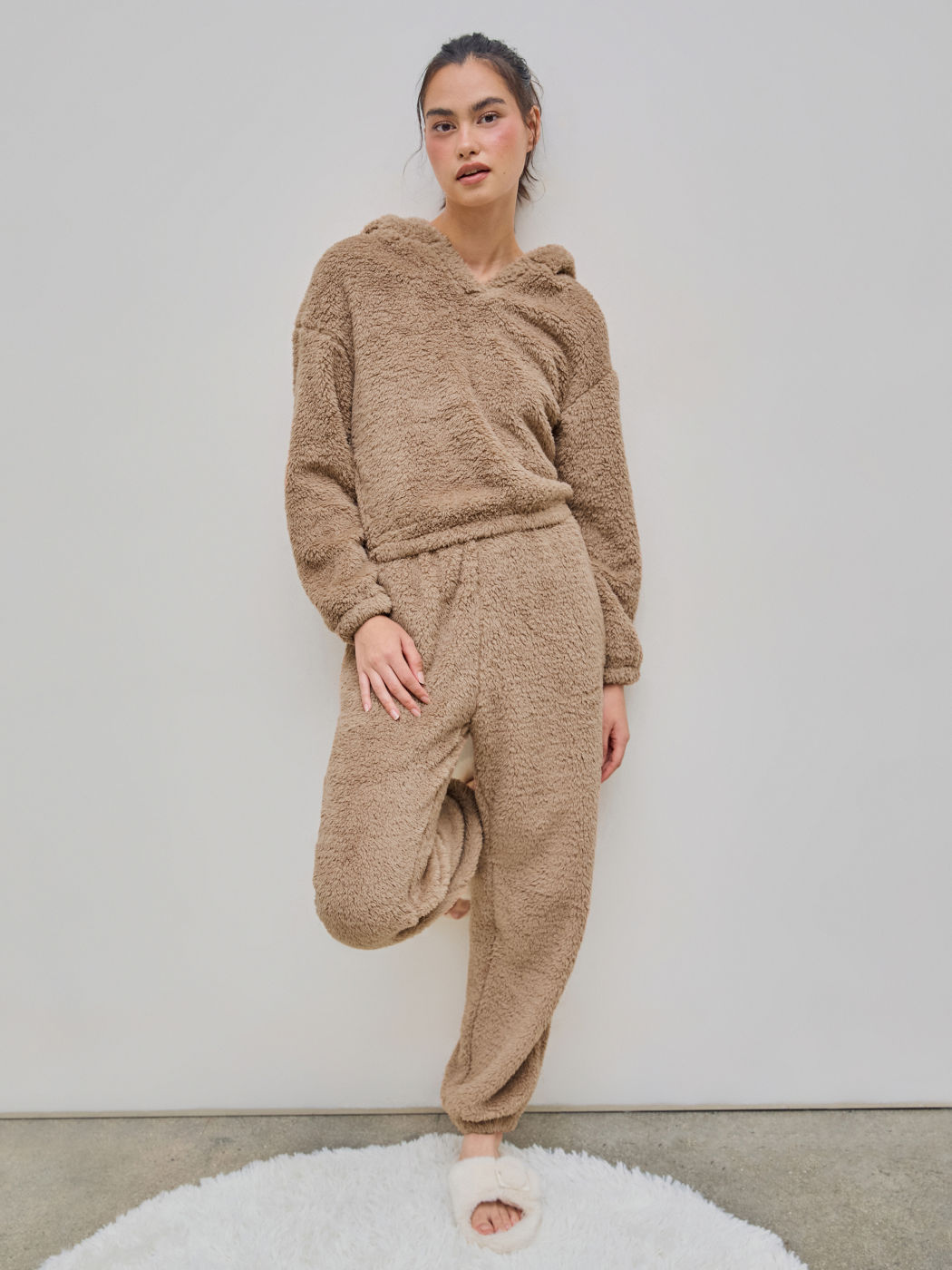 Fleece V-Hals Bären-Hoodie & Mittelbund-Hosen Lounge-Set