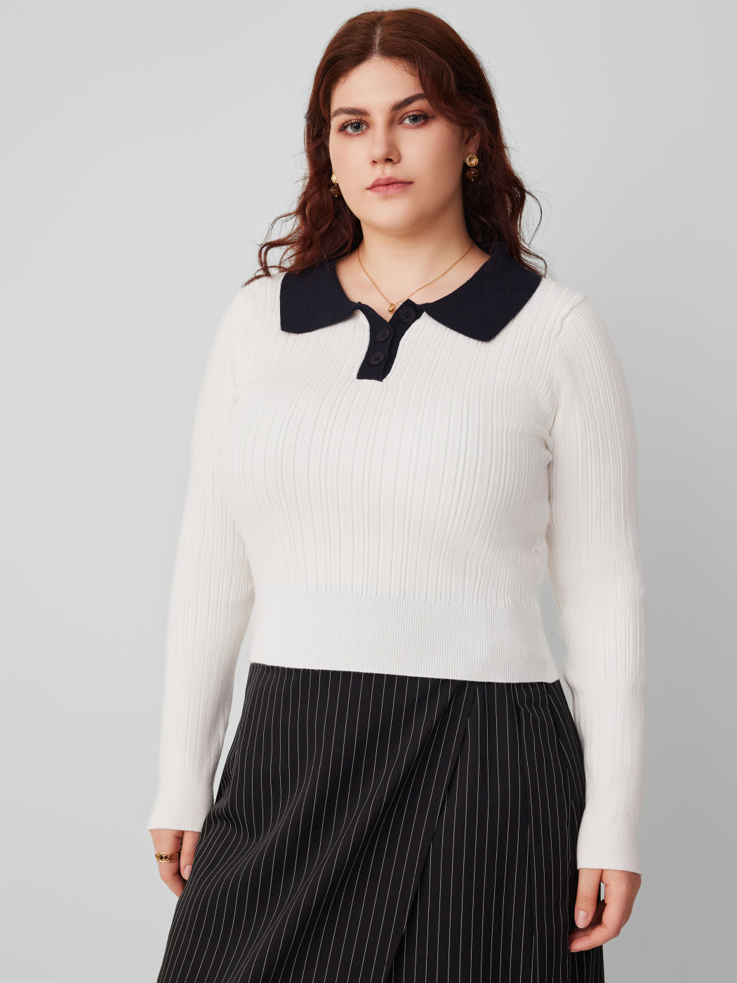 Knit Polo Solid Long Sleeve Top Curve & Plus