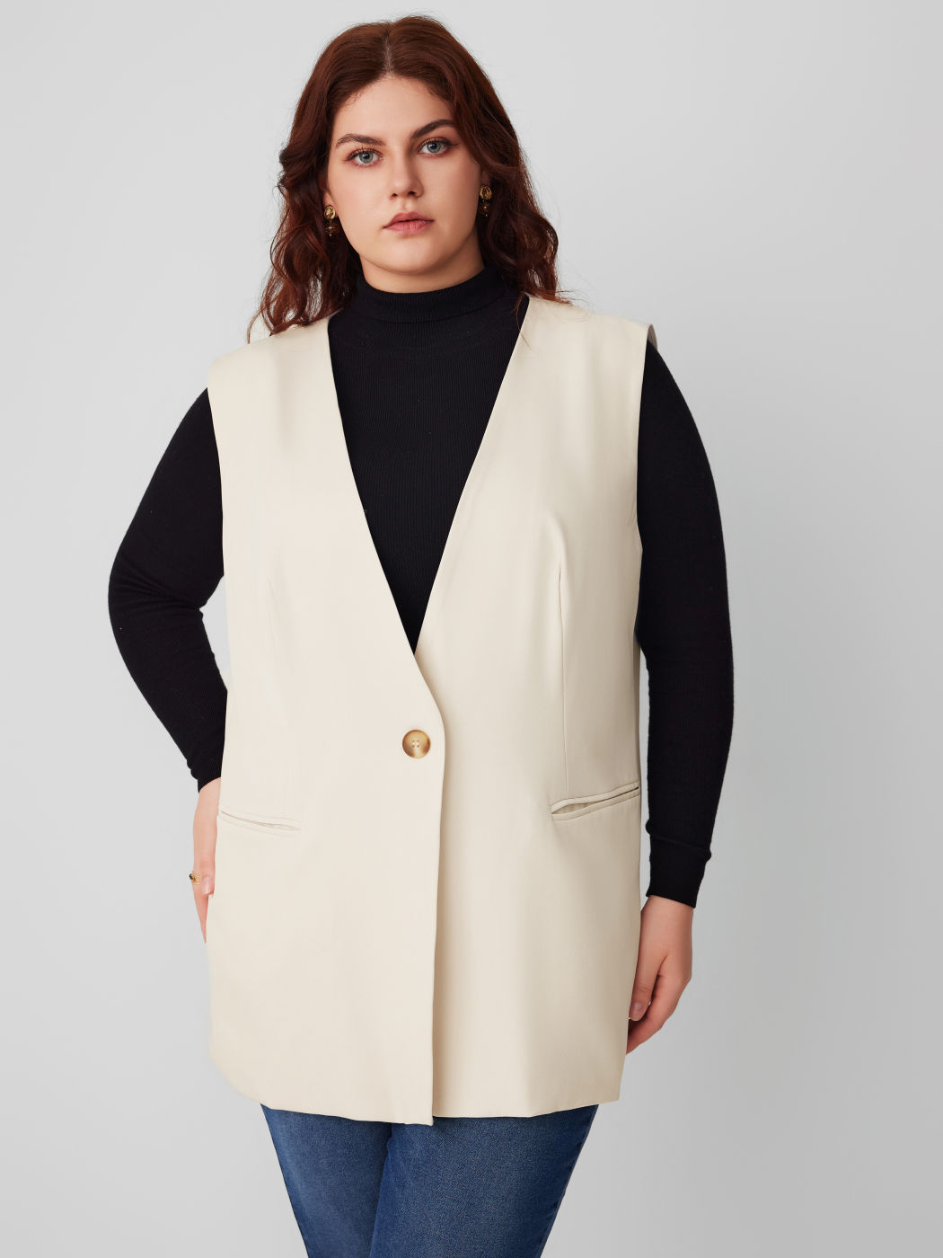  Chaleco de Americana sin Cuello con Botones Curvy
