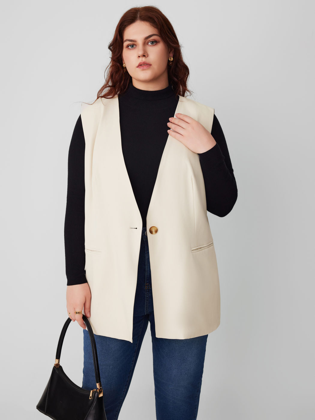  Chaleco de Americana sin Cuello con Botones Curvy