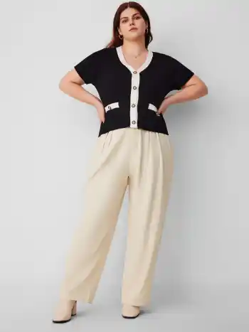  Hohe Taille Gefaltete Einfarbige Gerade Bein Hosen Kurve & Plus