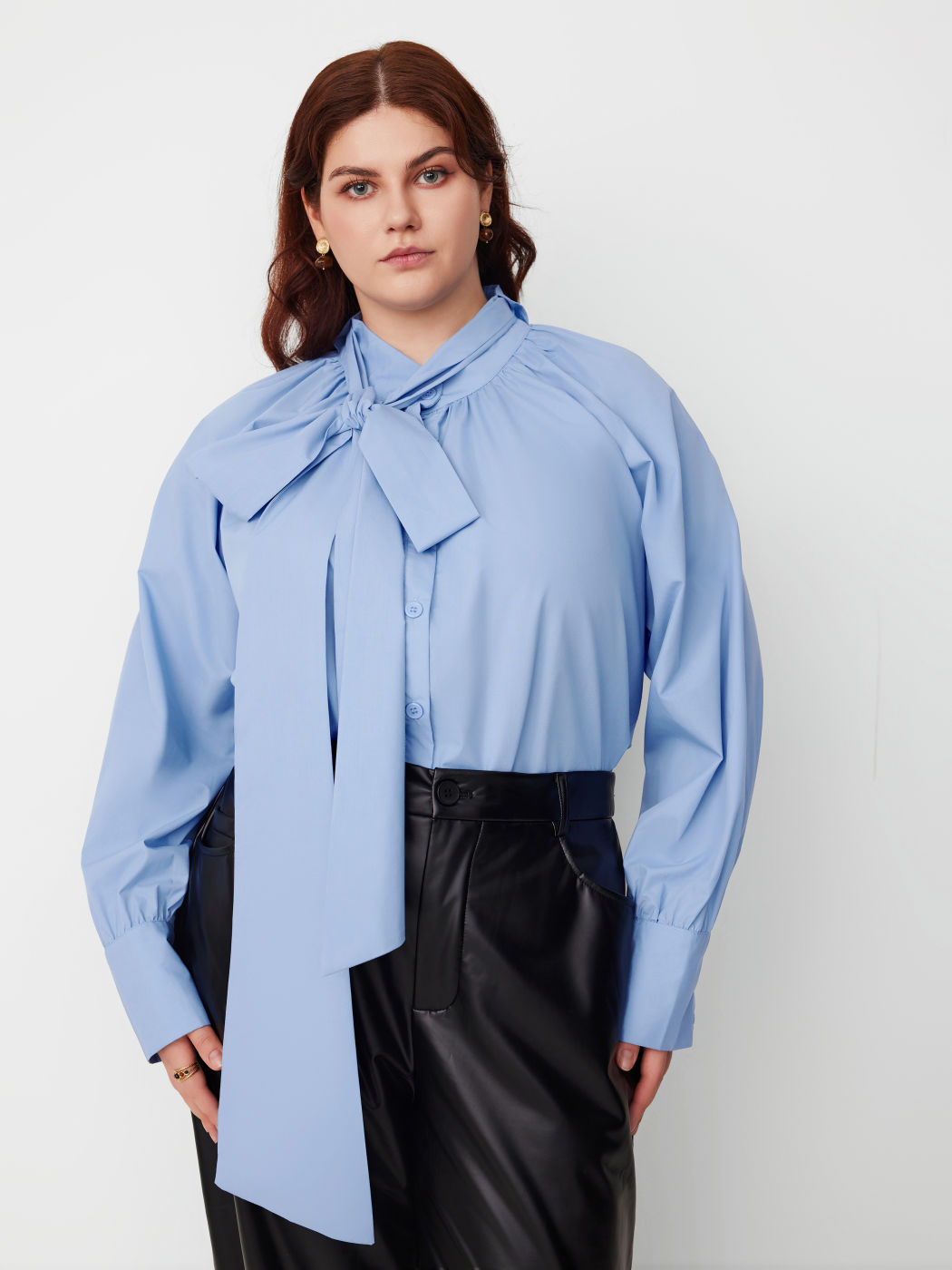 Stand Collar Solid Bowknot Long Sleeve Blouse Curve & Plus