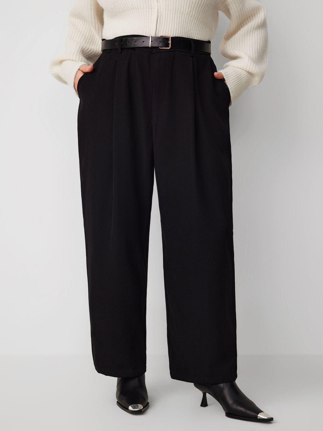High Waist Solid Tapered Trousers With Belt Curve & Plus