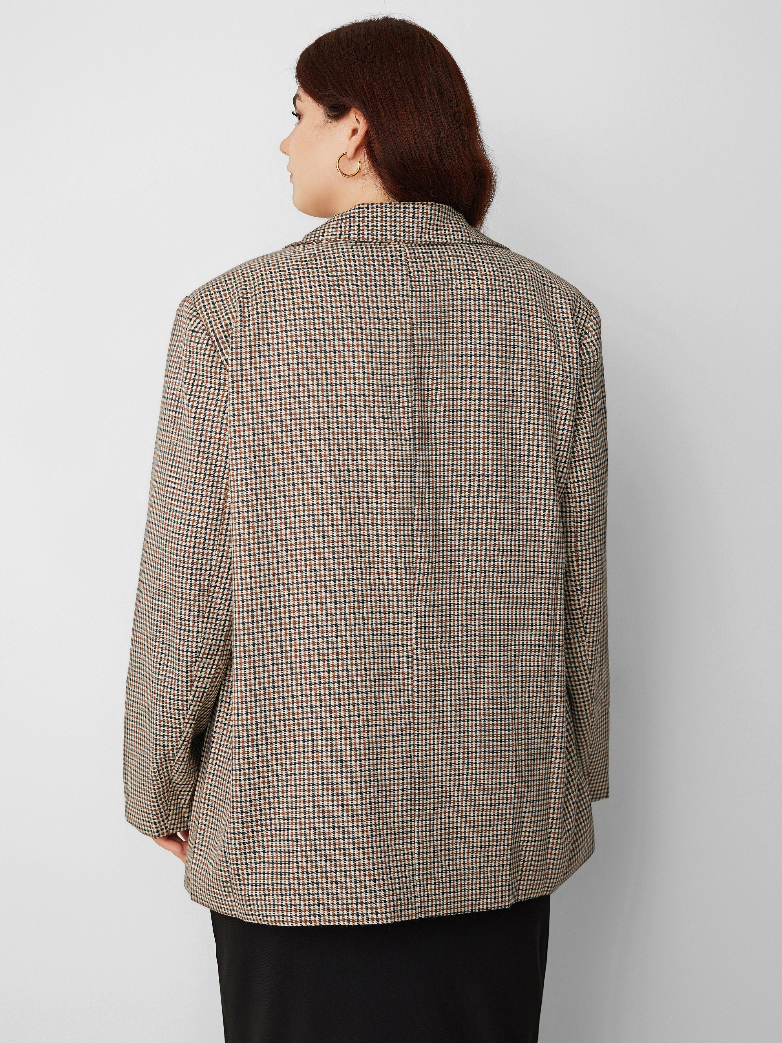 Woven Collar Check Button Blazer Curve Plus For Daily Casual Work