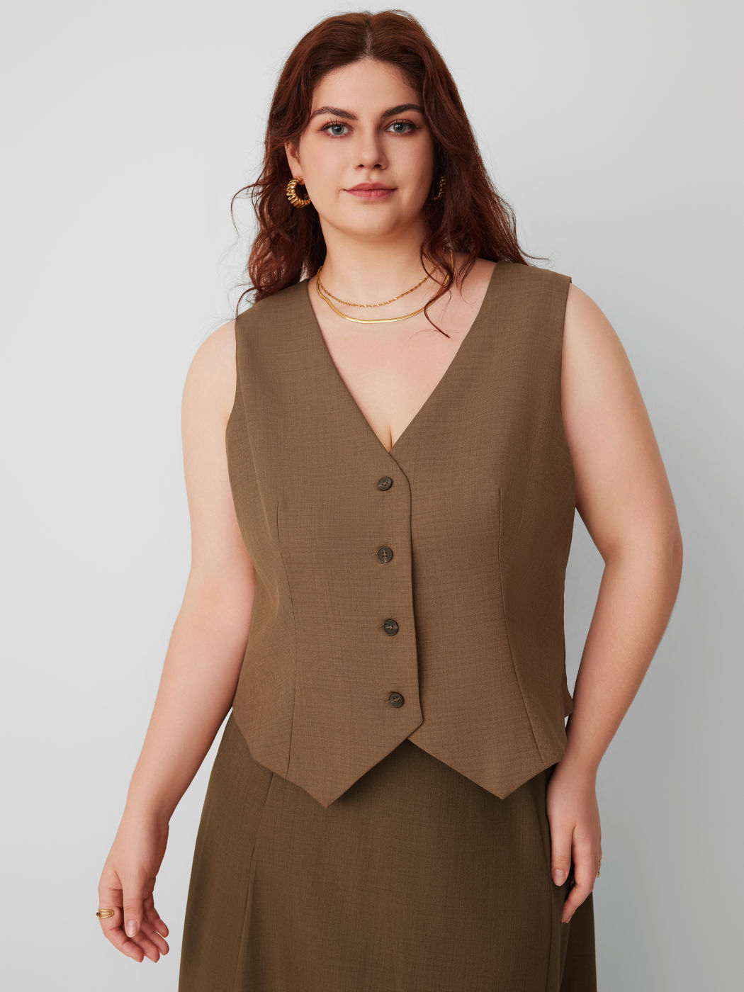 V-neck Solid Button Vest Curve & Plus