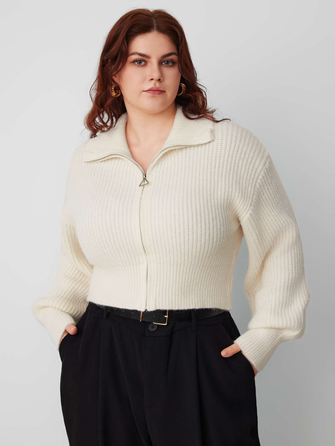 Solid Knit Polo Zipper Cardigan Curve & Plus