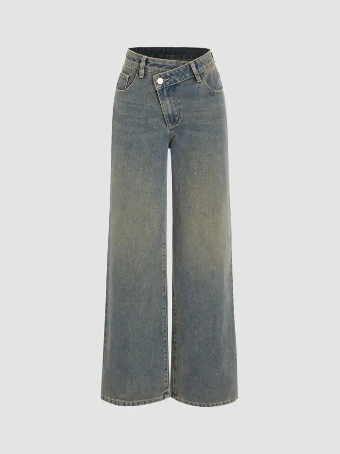 Jeans de cintura alta com gola alta e sino  Pants for women, Women jeans,  Wide leg pants jeans