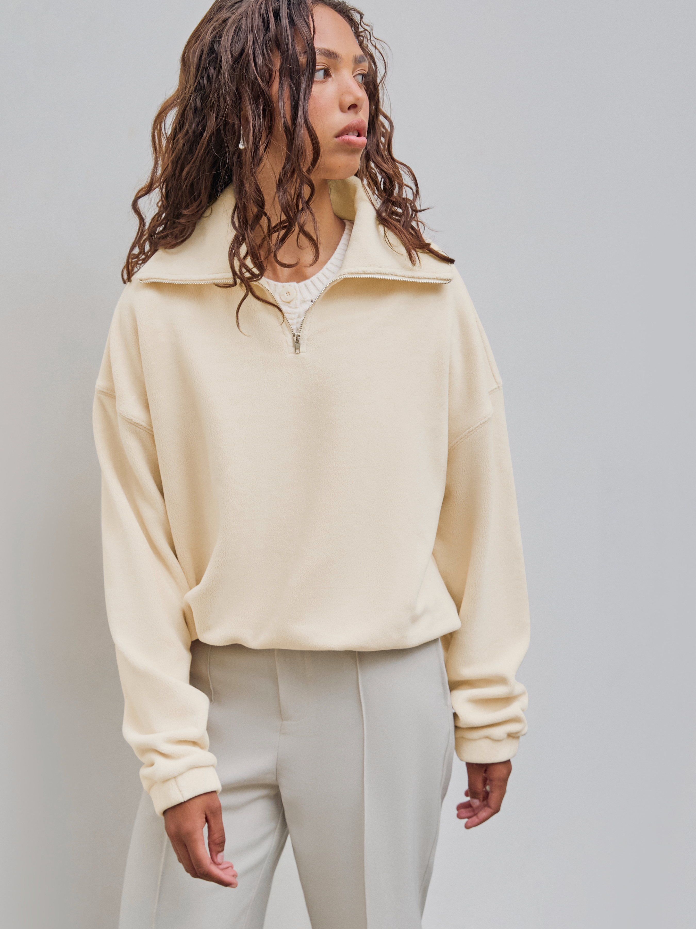 Fleece Collar Solid Zipper Sweatshirt Cider