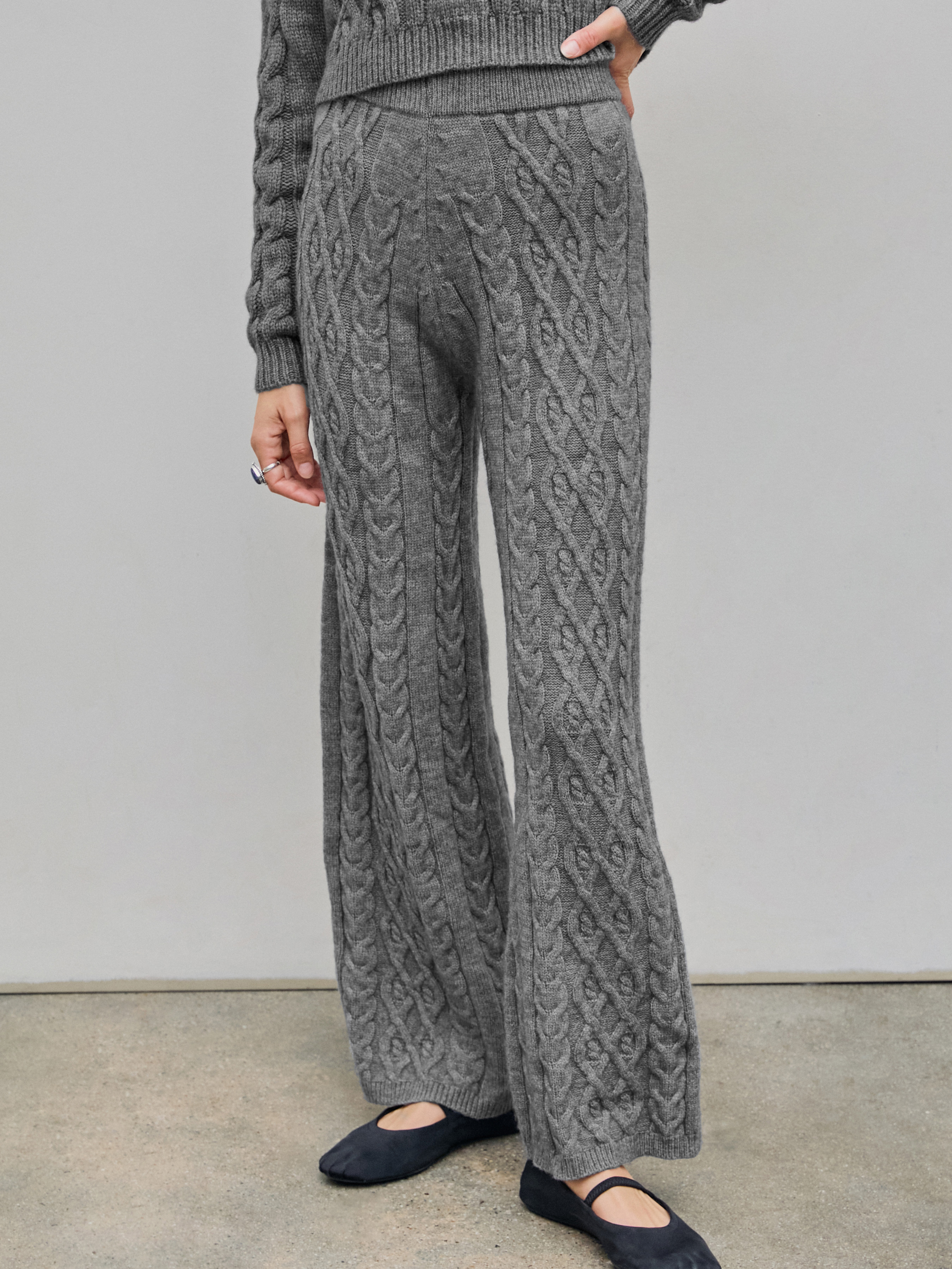 Cable Knit Middle Waist Solid Elastic Waist Wide Leg Trousers
