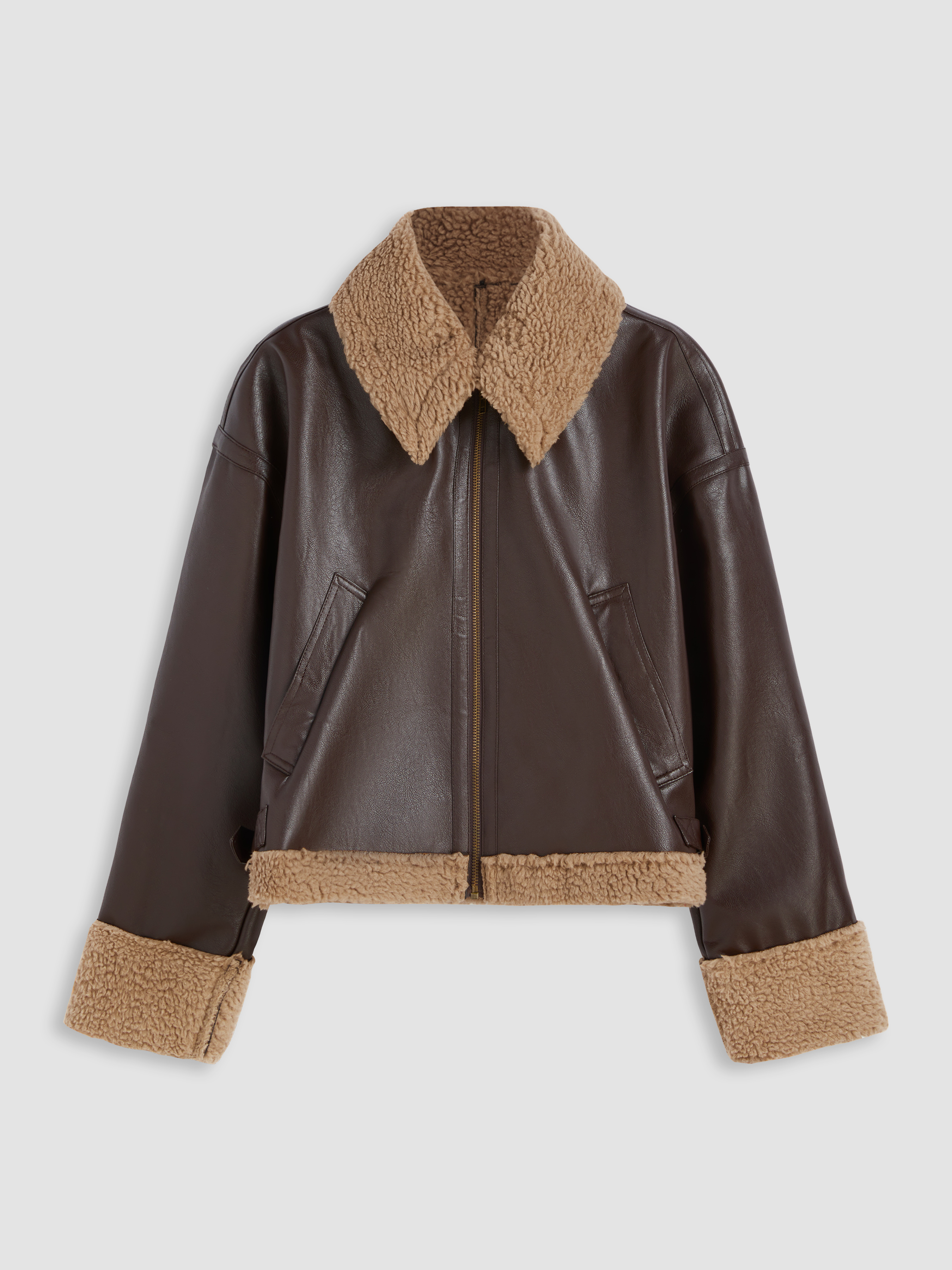 Faux Shearling Collar Solid Zipper Jacket - Cider