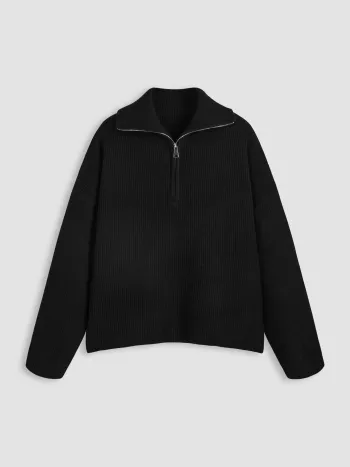 Wool-blend Collar Solid Zipper Knitted Sweater Curve & Plus