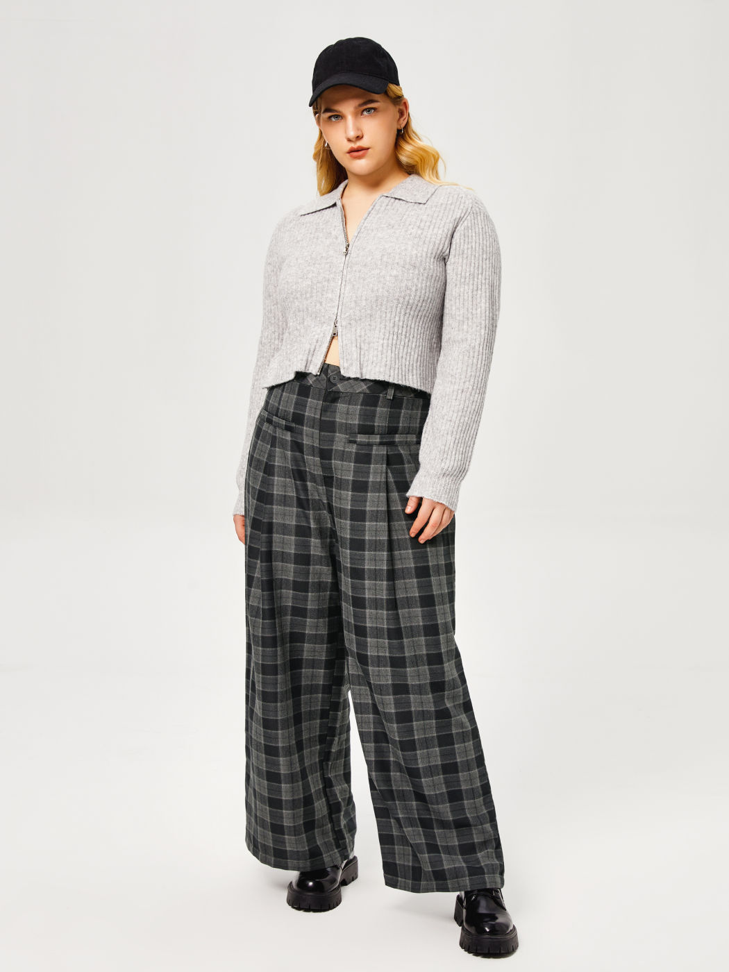 Check Pattern Pocket Wide Leg Trousers Curve & Plus
