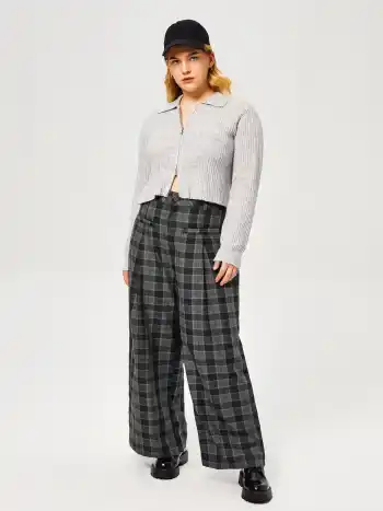 Check Pattern Pocket Wide Leg Trousers Curve & Plus