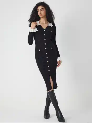  V-Ausschnitt Rüschenknopf Strick Midikleid
