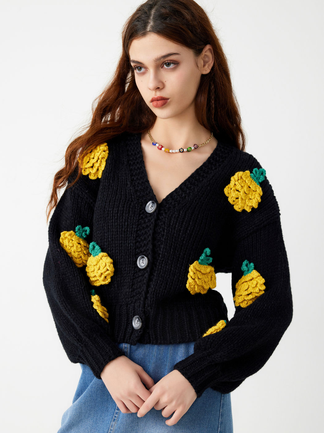  V-Ausschnitt Zitronen Bestickter Knopf Strickjacke