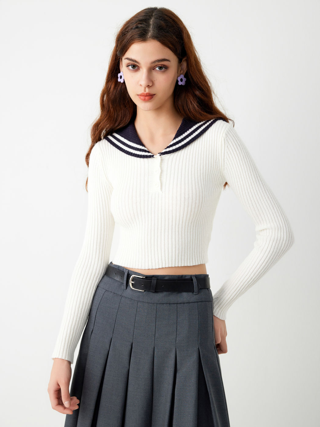 Sailor Collar Button Knitted Long Sleeve Crop Top