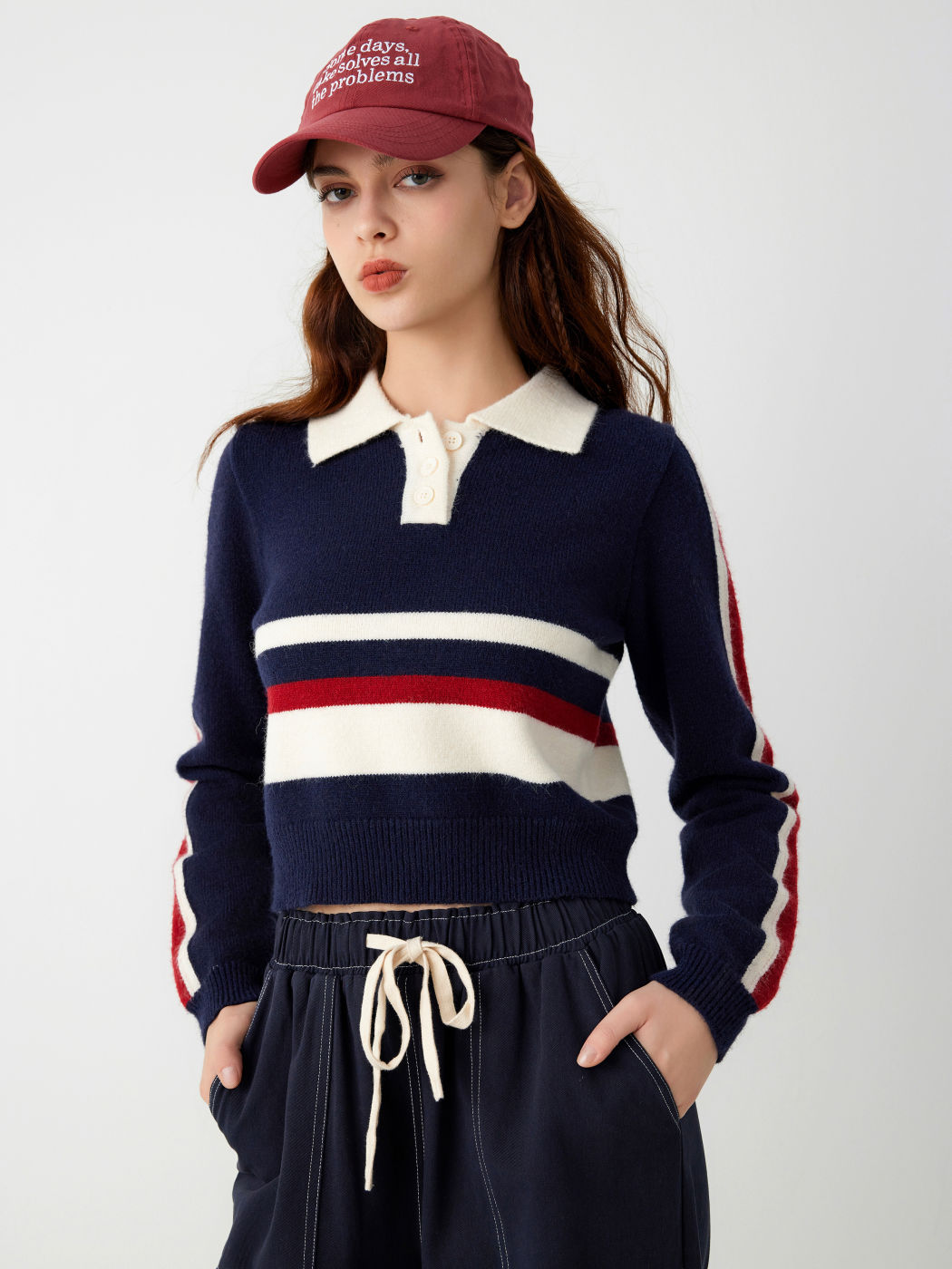  Polo Gestreifter Knopf Langärmliger Strickpullover
