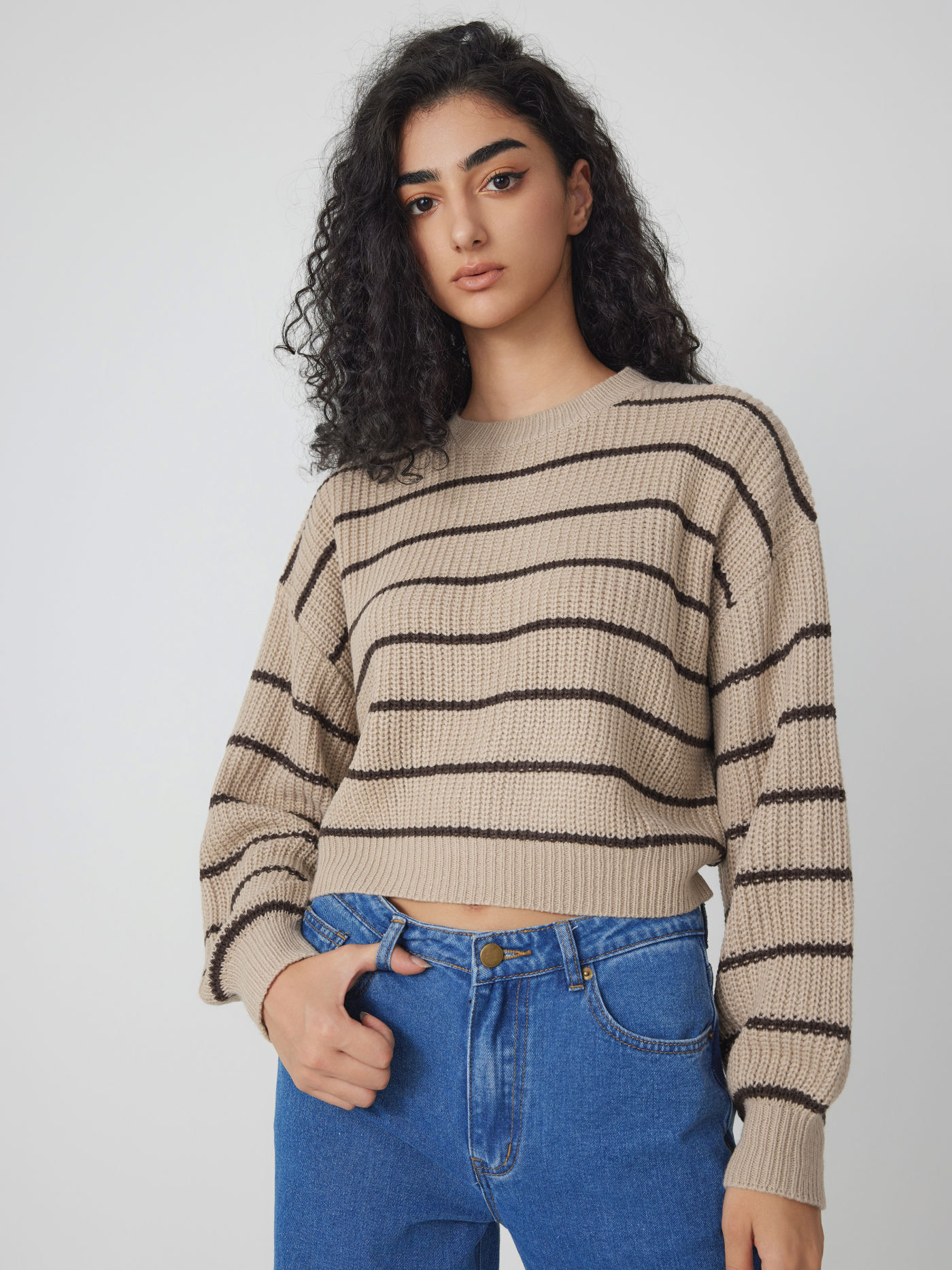 Striped Knit Round Neckline Long Sleeve Top