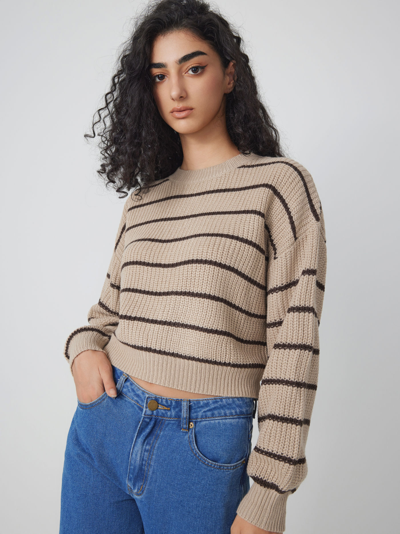 Striped Knit Round Neckline Long Sleeve Top