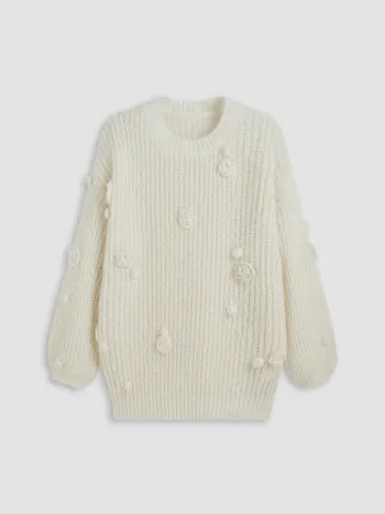 Wool-blend Round Neck Solid Rosette Knitted Sweater