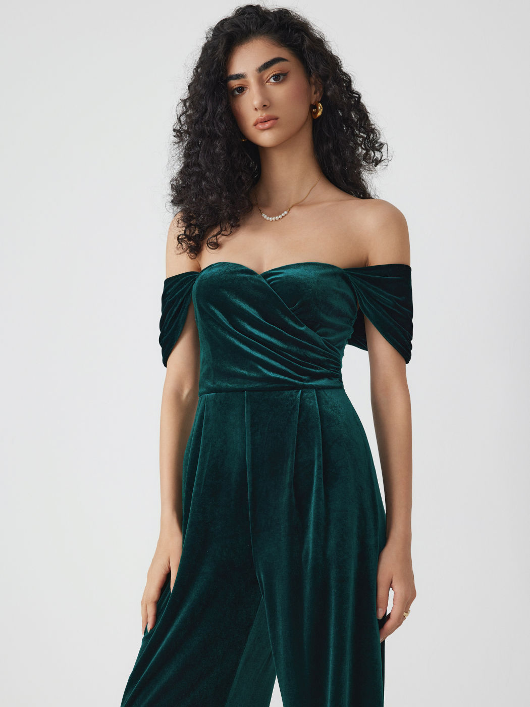 Velvet Off-shoulder Solid Ruched Jumpsuit