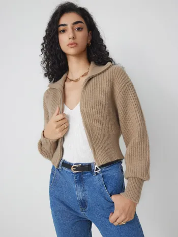 Einfarbiges Strick-Polo-Zipper-Kardigan