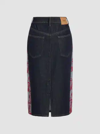 Middle Waist Floral Patched Denim Maxi Skirt