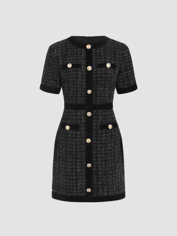 Tweed Round Neckline Solid Metallic Button Mini Dress