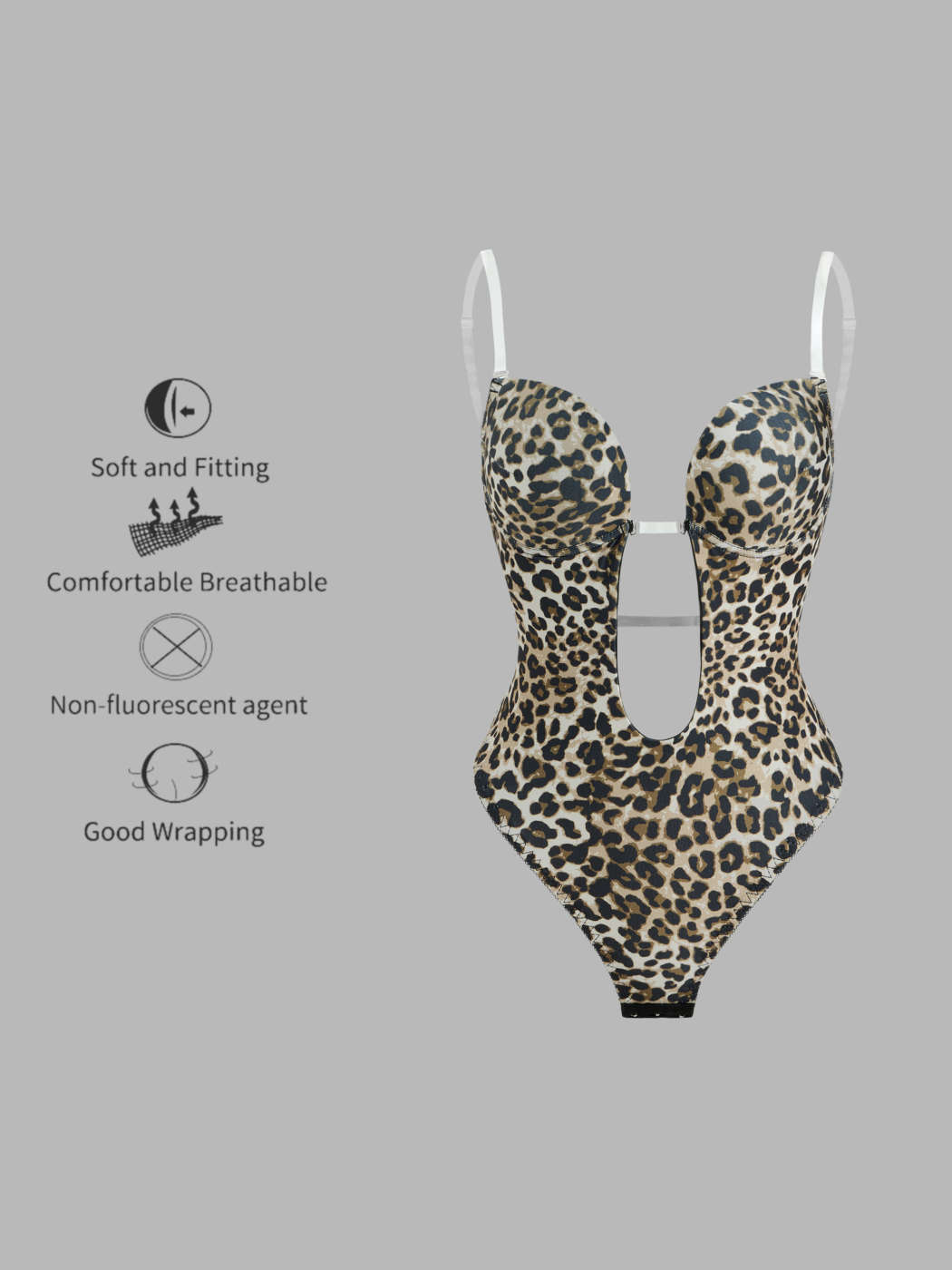 Deep V Seamless Leopard Backless Shapewear Bodysuit - Cider
