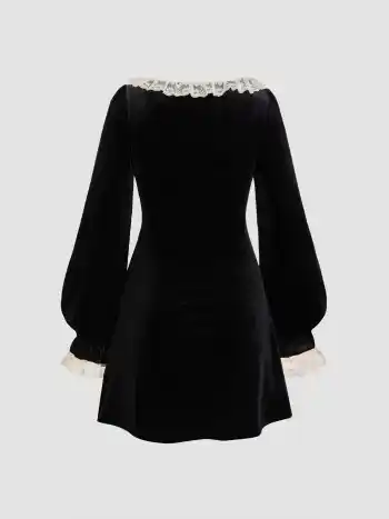 Velvet Scoop Neck Lace Bowknot Mini Dress