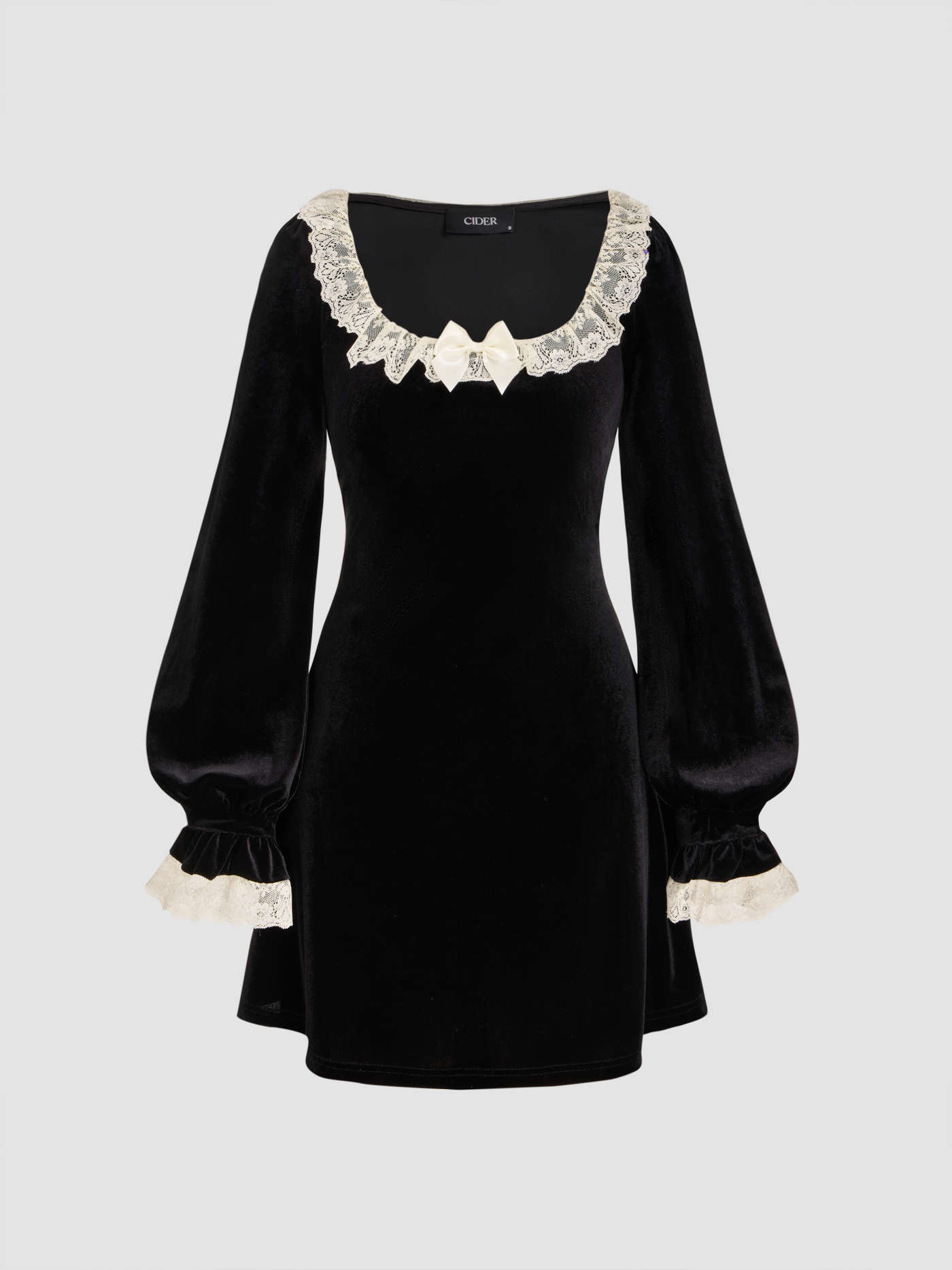 Velvet Scoop Neck Lace Bowknot Mini Dress