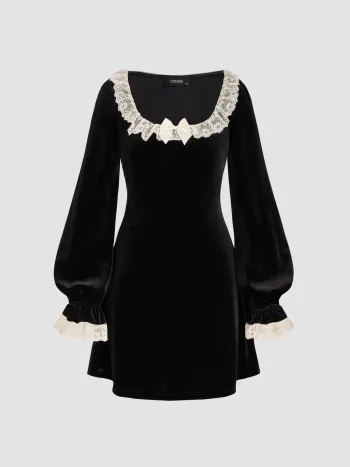 Velvet Scoop Neck Lace Bowknot Mini Dress